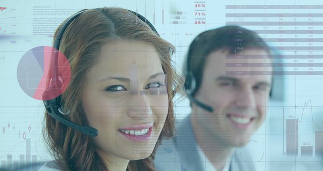 Customer Service Representatives with Headsets Overlaying Data Charts - Download Free Stock Images Pikwizard.com