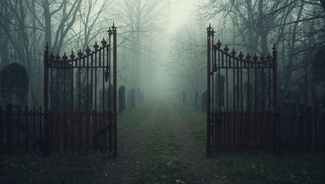 Ornate wrought-iron gates opening to foggy cemetery path with weathered tombstones and bare trees