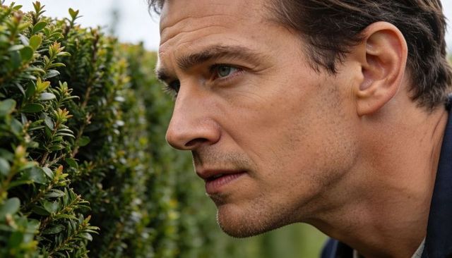 Close-up man inspecting trimmed evergreen hedge leaning forward with focused gaze