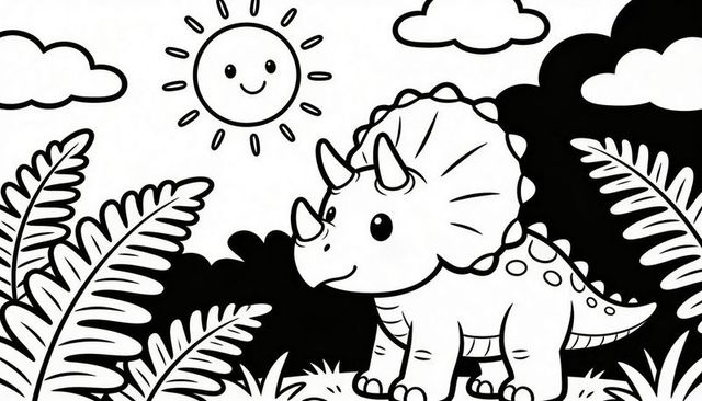 Smiling triceratops coloring page black and white cute dinosaur for kids printable vector art