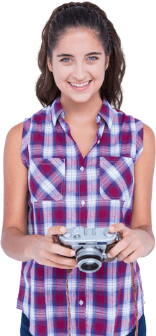 Smiling Young Woman Holding Vintage Camera on Transparent Background