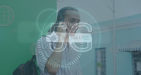 Man Engaging with Smartphone Overlaying 5G and Social Media Elements