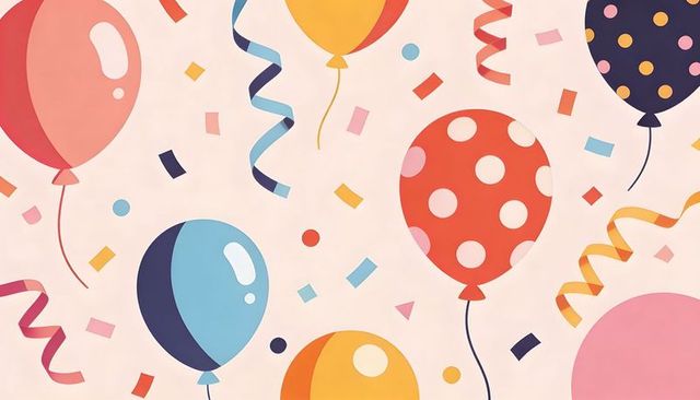 Pastel party balloons and confetti featuring red polka dot balloon and streamers