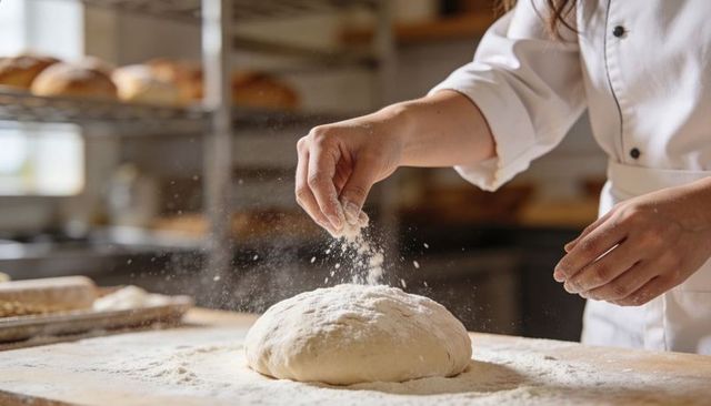 Artisan baker sprinkling flour over dough on rustic wooden table in sunlit bakery kitchen