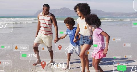 Family walking on sunny beach holding hands with social media location overlays