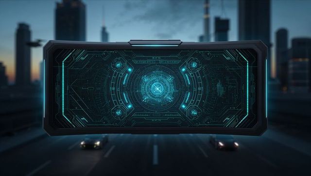 Hovering holographic interface over urban highway at dusk with cyan hud elements