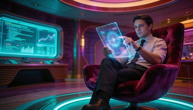 Executive analyzing holographic tablet in neon futuristic control hub for data analytics