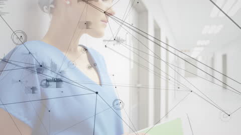 Doctor Using Digital Tablet with Futuristic Interface Overlay