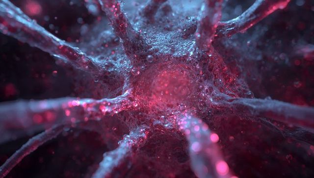 Glowing neural soma radiating filamentous tubes with droplets and fluorescent bokeh