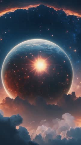 Planet rising through nebula clouds with radiant star halo and stardust | Vertical space video