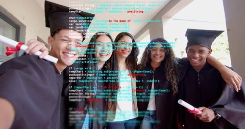 Diverse graduates celebrating with diplomas and code overlay representing tech careers