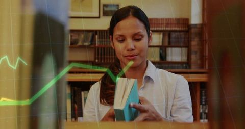 Young woman reading in library while green growth graph overlay suggests data literacy