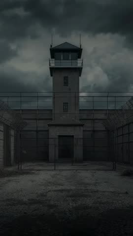 Vertical video of shifting clouds revealing guard tower monitoring prison yard with barbed wire