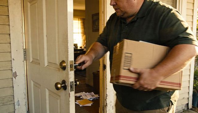 Delivery worker opening door holding parcel and unlocking deadbolt on sunlit threshold