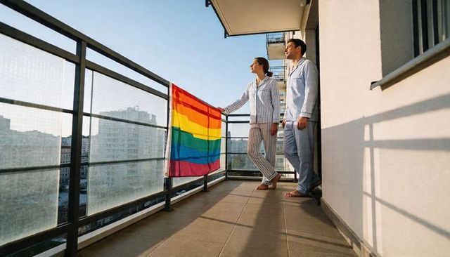 Sunlit urban couple standing on balcony holding rainbow pride flag in striped pajamas