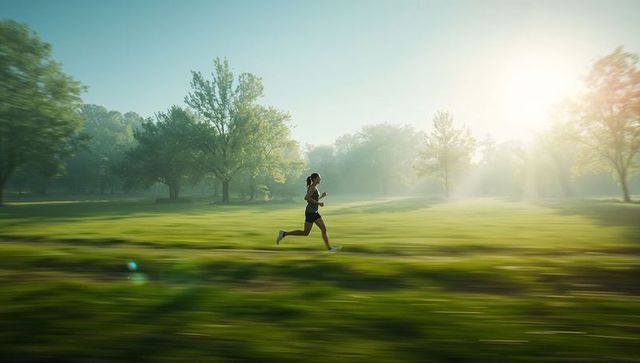 Running Woman at Dawn in Scenic Park with Fitness Tracker