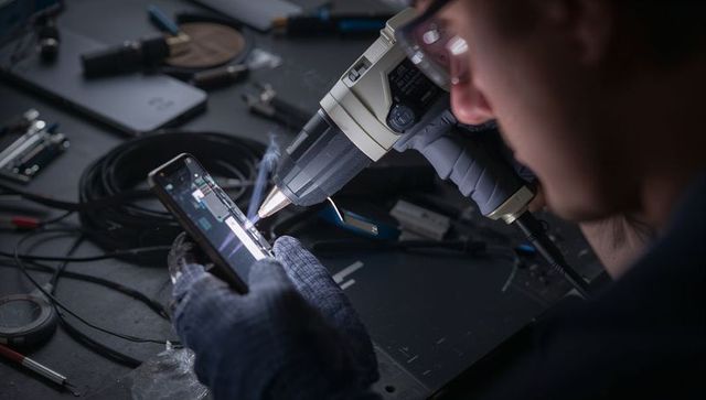 Electronics technician using heat gun to repair smartphone on cluttered workbench