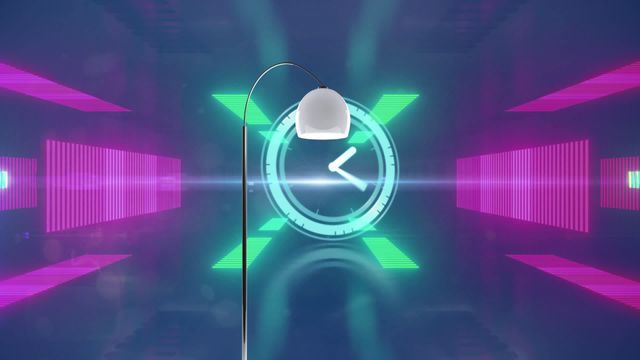 Futuristic scene blending neon visuals with a large floating clock in a virtual tunnel environment. This concept illustrates the intersection of advanced technology with conventional objects, like a standard lamp, to create a unique artistic rendition. Ideal for use in tech-focused advertising, modern art projects, or digital concept demos exploring themes of time, illumination, and tech interfaces.