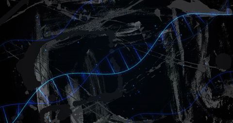 Glowing blue dna double helix spiraling through dark abstract futuristic background