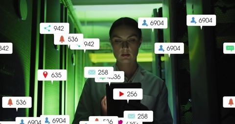 IT Technician Analyzing Social Media Metrics in Data Center