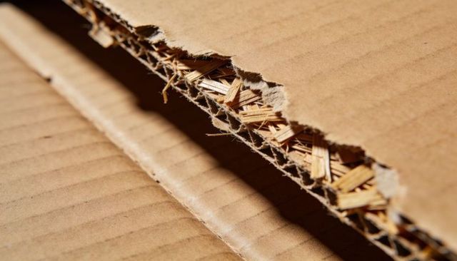 Torn Corrugated Cardboard Closeup Revealing Fluted Layer Fibrous Edge and Crease Texture