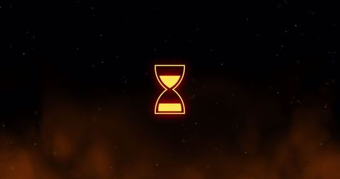 Glowing digital hourglass interface in fiery setting