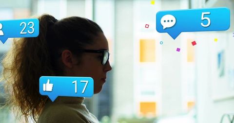 Woman in Office with Social Media Notification Overlays