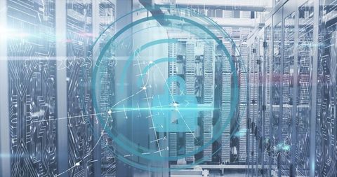 Cybersecurity concept in data center environment with digital padlock icon