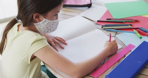 Girl Wearing Face Mask Doing Homework at Home - Download Free Stock Images Pikwizard.com