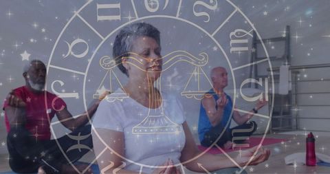 Seniors Meditating with Horoscope Overlay and Zodiac Symbol