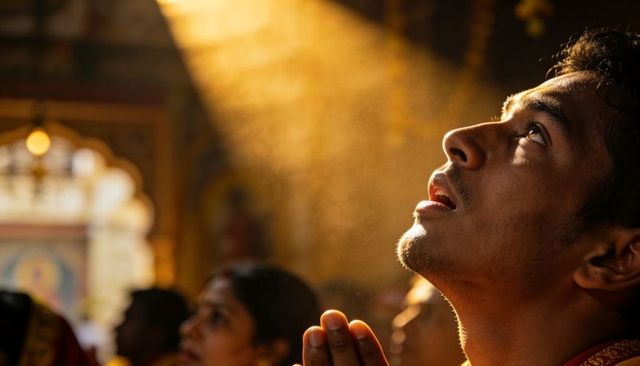 Young indian man praying in temple under golden sunbeam with folded hands, devotional portrait