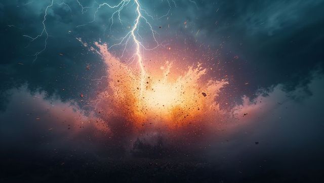 Dramatic lightning bolt striking exploding terrain