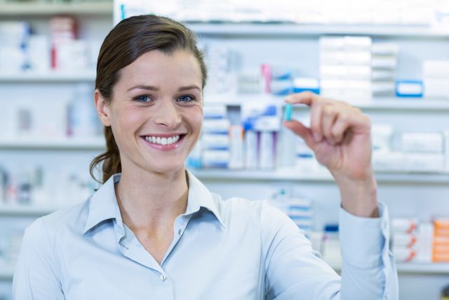 Smiling Pharmacist Holding Capsule in Pharmacy - Download Free Stock Photos Pikwizard.com