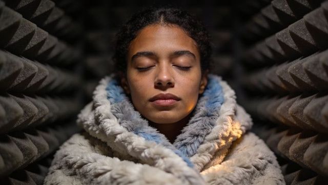 Contemplative woman wrapped in plush faux-fur coat inside narrow quiet acoustic foam booth