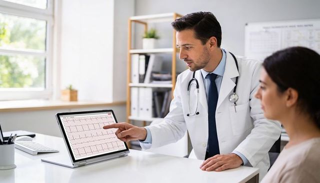 Doctor explaining ecg results on tablet to patient in bright modern medical office