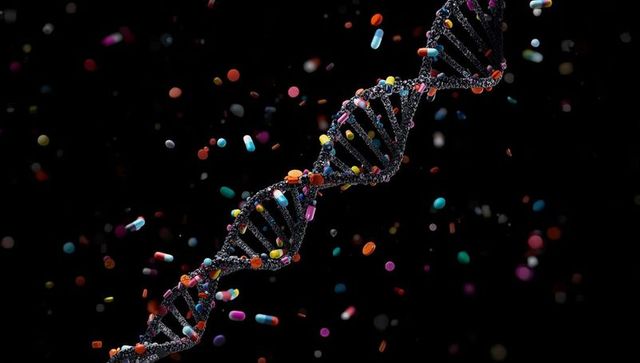 Dna double helix with floating capsules in futuristic science concept