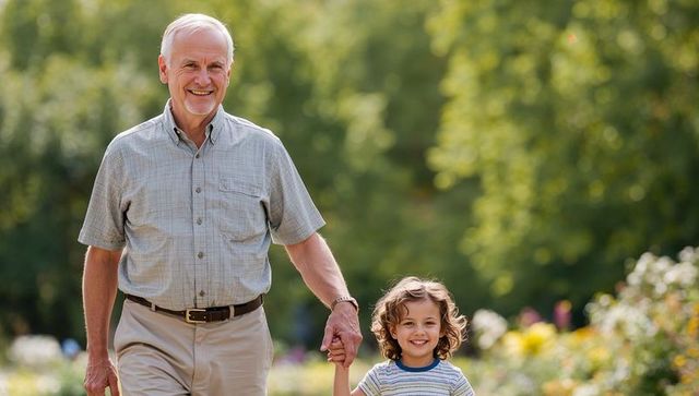 Joyful grandfather holding grandson's hand while walking through sunlit park garden