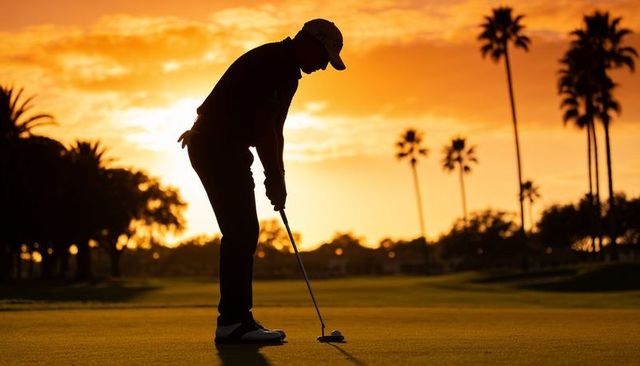 Silhouetted golfer lining up putt at golden sunset with palm trees and dramatic sky