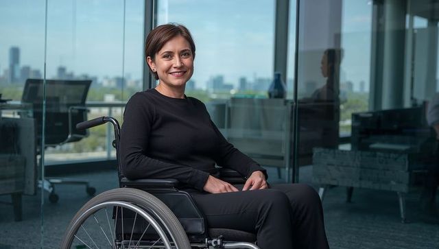 Confident businesswoman in wheelchair leading inclusive workplace with city skyline view