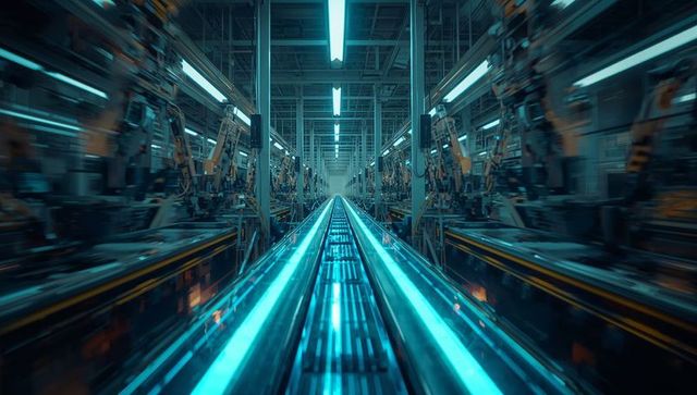 Futuristic Robotic Conveyor System in High-Tech Manufacturing Facility