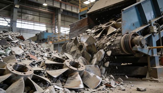 Rotary shredder breaking concrete and metal in recycling plant with detached rotors