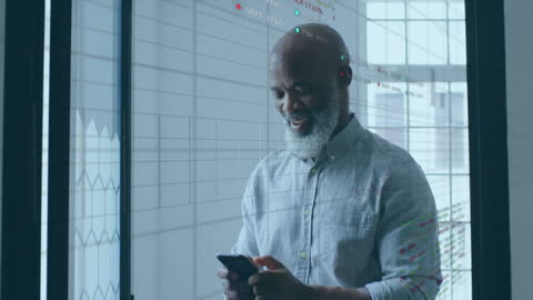 Businessman Analyzing Stock Data with Smartphone in Modern Office