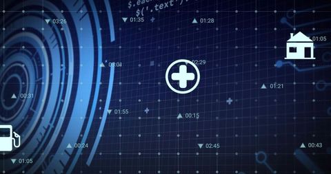 Futuristic medical network dashboard with glowing cross, radar rings and service icons