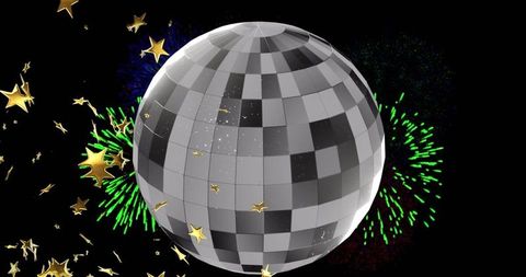 Disco ball with golden stars and fireworks festive background