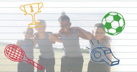 Smiling Diverse Schoolboys Embracing with Colorful Sports Icons