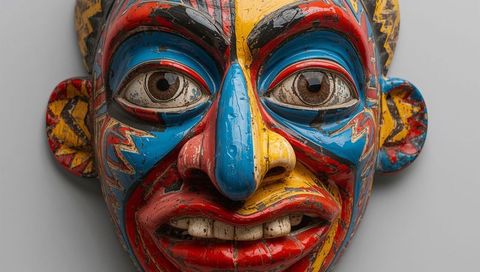 Carved wooden mask showing vibrant geometric paint, weathered patina and carved teeth