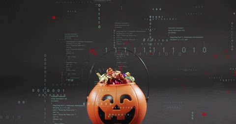 Jack-o'-lantern bucket overflowing with foil candies against digital binary background