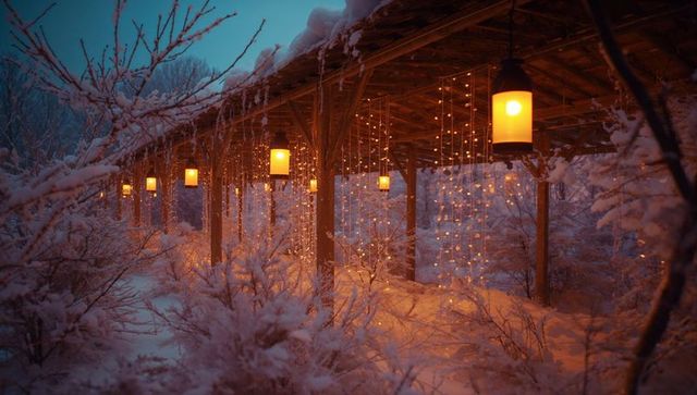 Enchanting snowy pergola with warm lantern lights at dusk