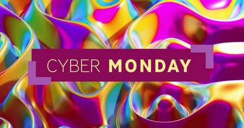 Cyber monday neon iridescent banner glossy metallic folds purple accents futuristic