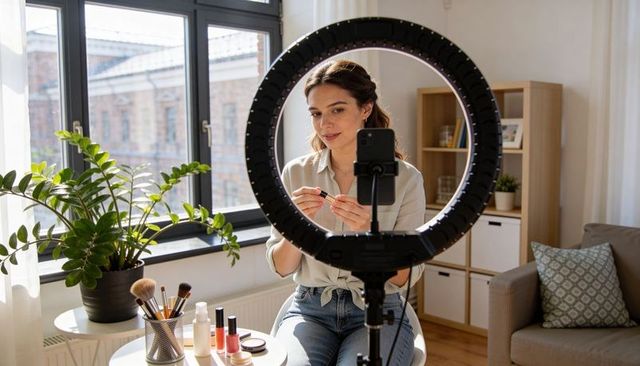 Beauty creator applying lipstick on live stream with ring light in bright sunlit apartment